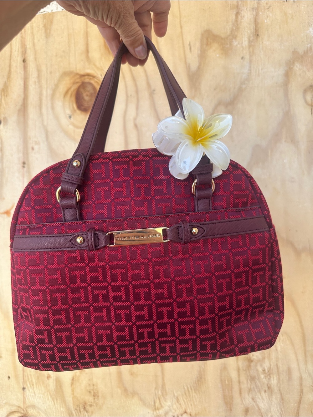 Tommy Hilfiger Burgundy Red Monogram Dome Satchel